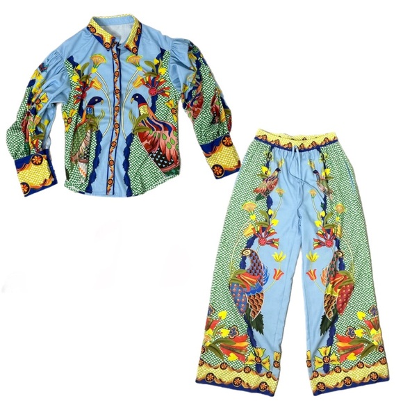 Colorful Peacock Print Matching Set | Button Shirt & Wide Leg Pants | Size Large - Picture 6 of 7